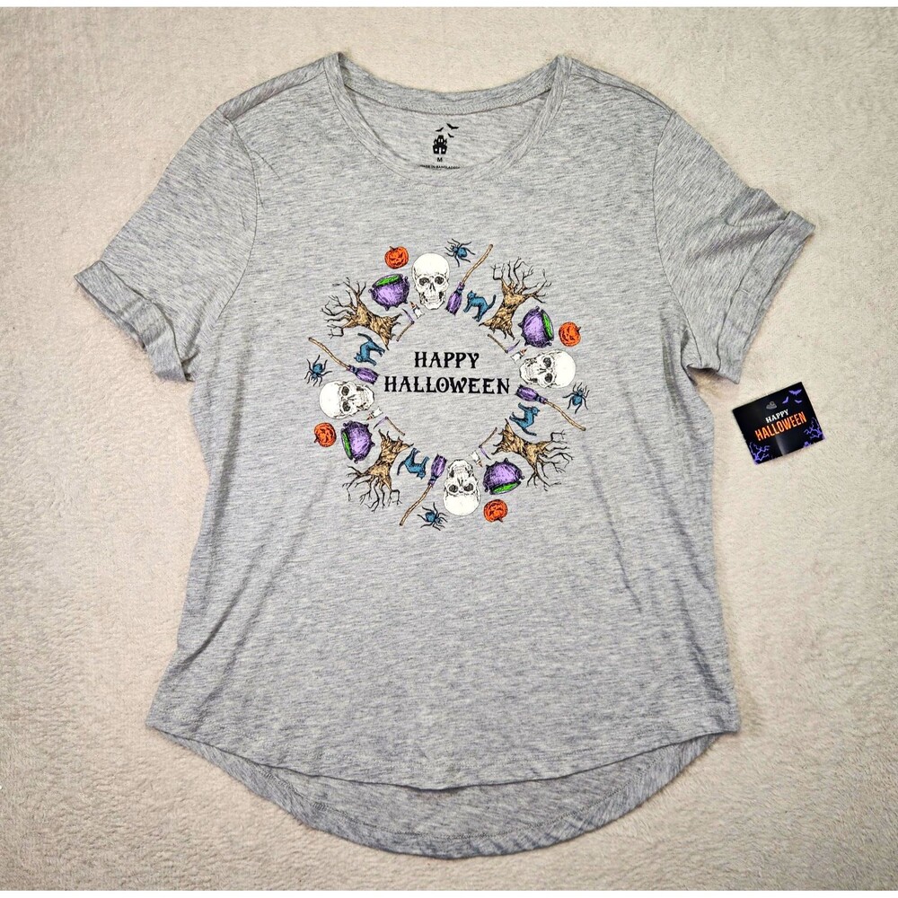 Women's M Halloween Graphic Tee Crew Neck Short Sleeve Lightweight Skulls